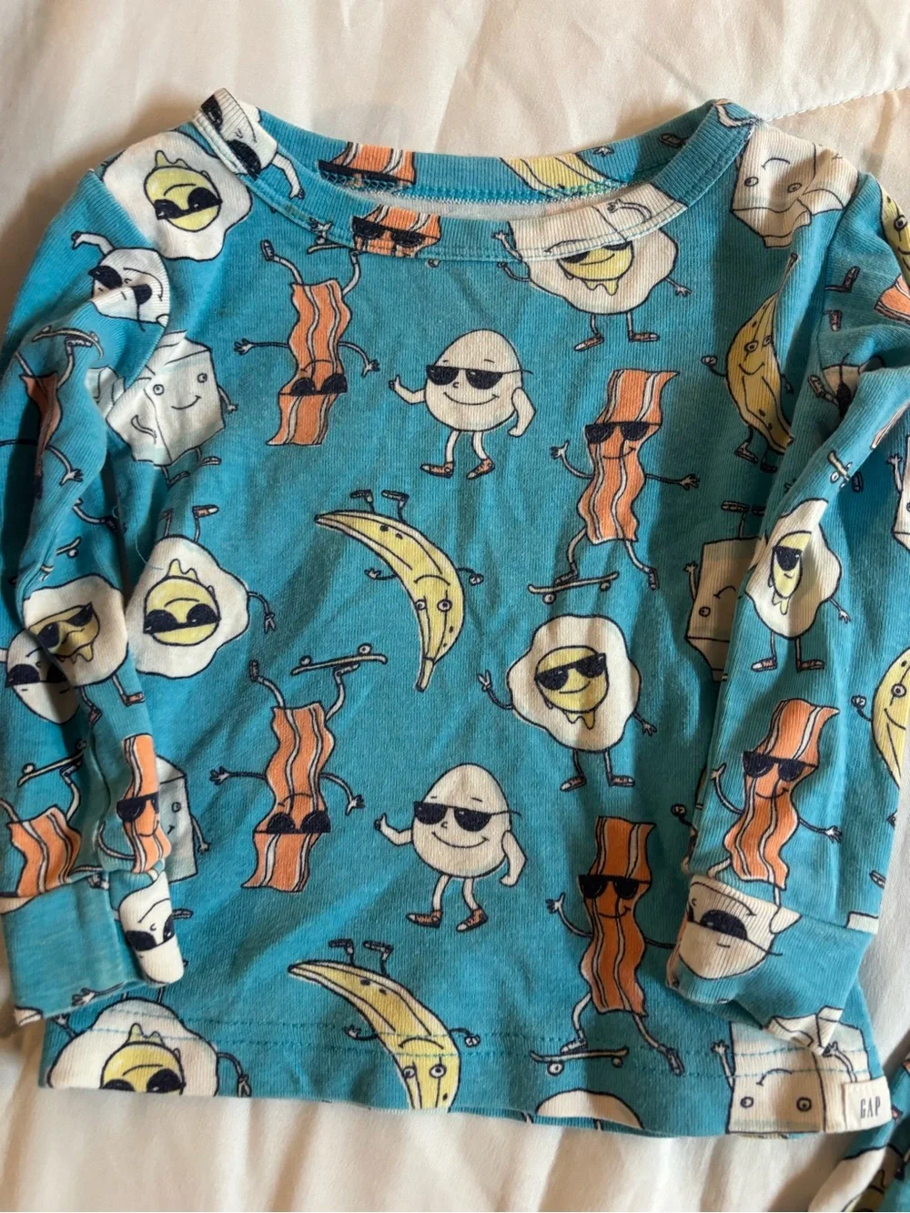 GAP Kids Teal Blue Breakfast Print Pajama Set bacon eggs & banana 18-24 months